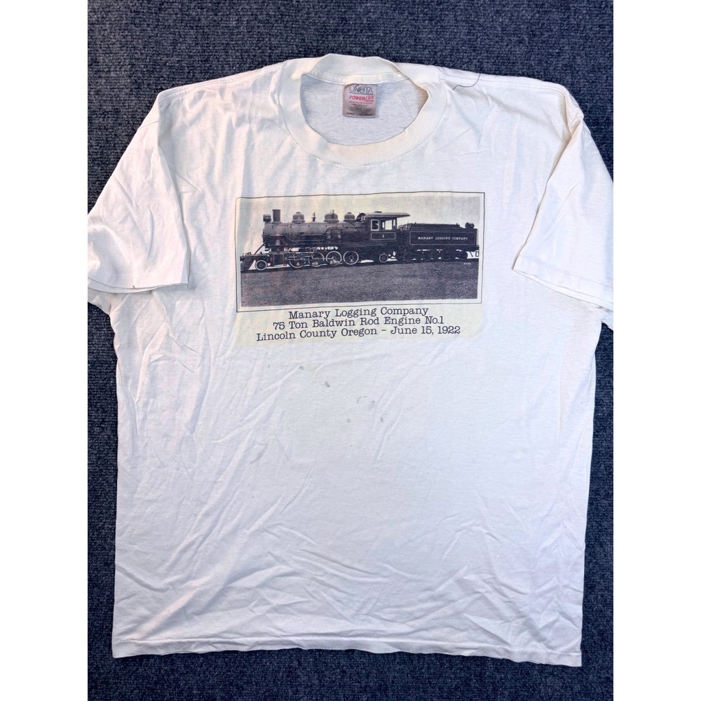 Vintage Oneita Manary Logging Co Train Graphic Tee XL White Cotton Blend Stains